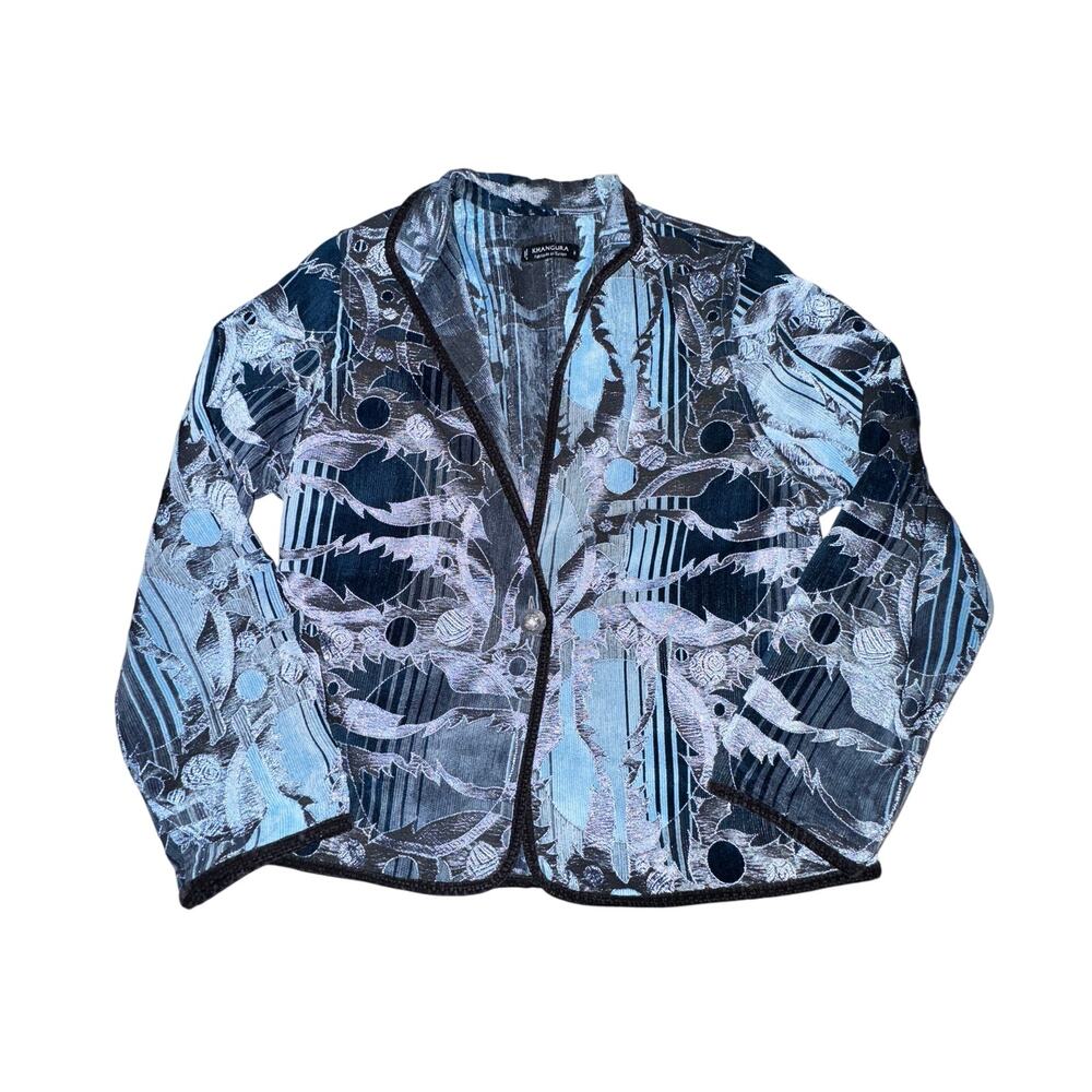 Khangura Blazer Women's Size M Blue Embroidered Brocade One Button Metallic